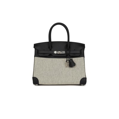 HERMÈS BIRKIN 30 BLACK SWIFT AND ECRU TOILE PALLADIUM HARDWARE (30*22*15cm)